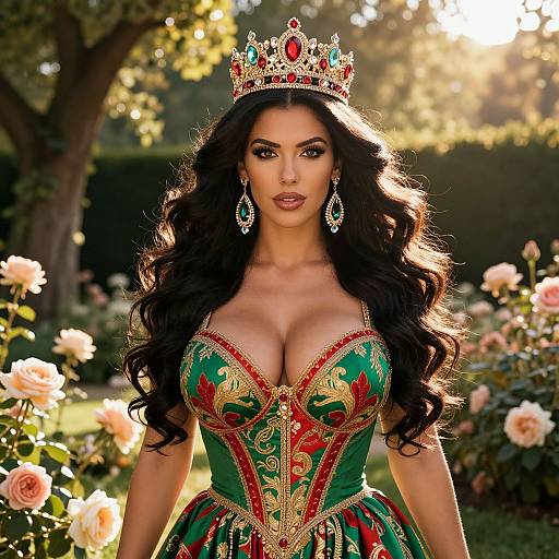 Glamorous Woman in Ornate Crown and Embroidered Corset Dress in Rose Garden