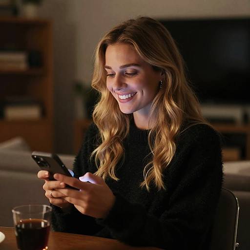 Young Blonde Woman Smiling While Using Smartphone Indoors