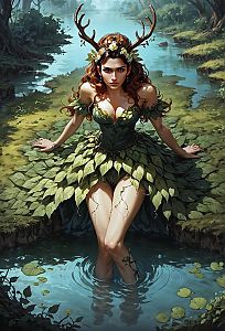 Forest Nymph Woman in Leaf Dress with Antlers Standing in Stream Fantasy Art