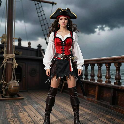 Young Woman Pirate Captain Costume on Sailing Ship Deck