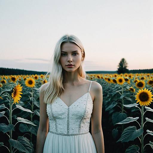 Blonde Woman in White Dress Standing in Sunflower Field at Dusk