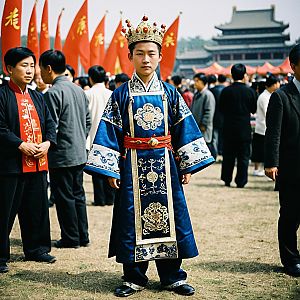 Young Man in Blue Festival Robe with Crown