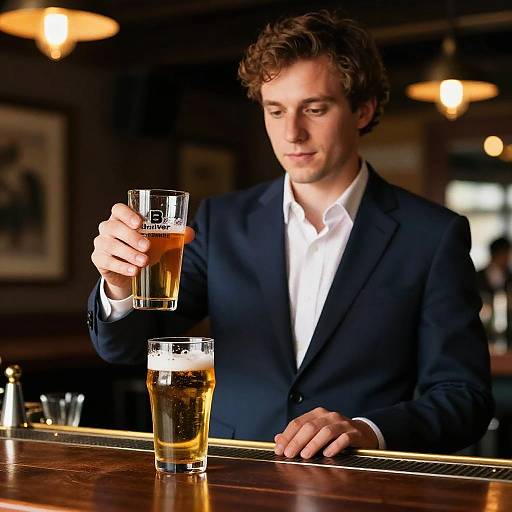 Man in Suit Standing at Bar Holding Glass of Beer for Day Drinks