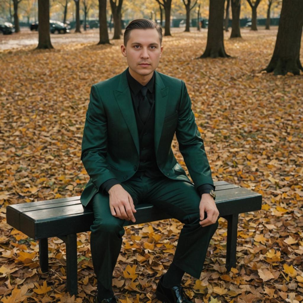 Man in Stylish Green Suit in Autumn Park