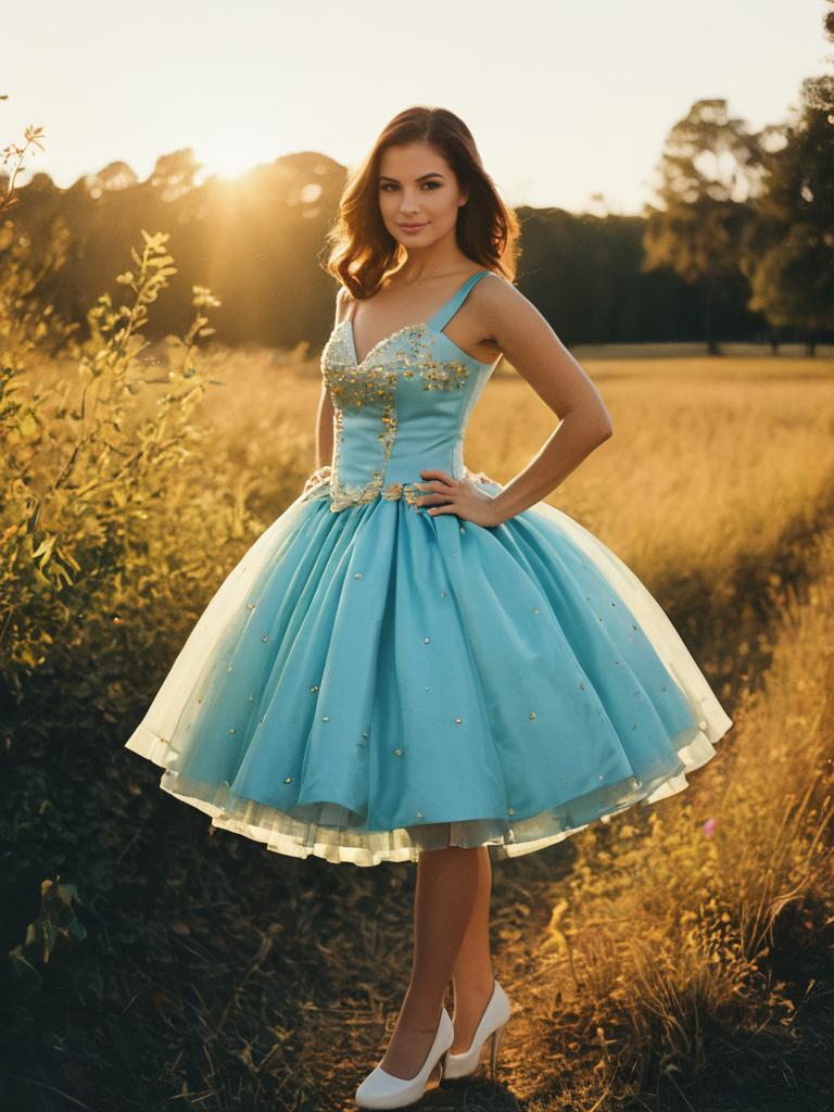 Woman in Blue Mini Ball Gown Photorealistic Outdoor Portrait at Golden Hour