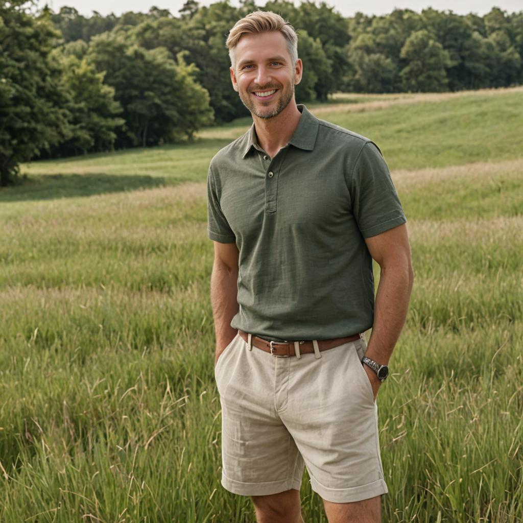 Stylish man in green field wearing polo and shorts