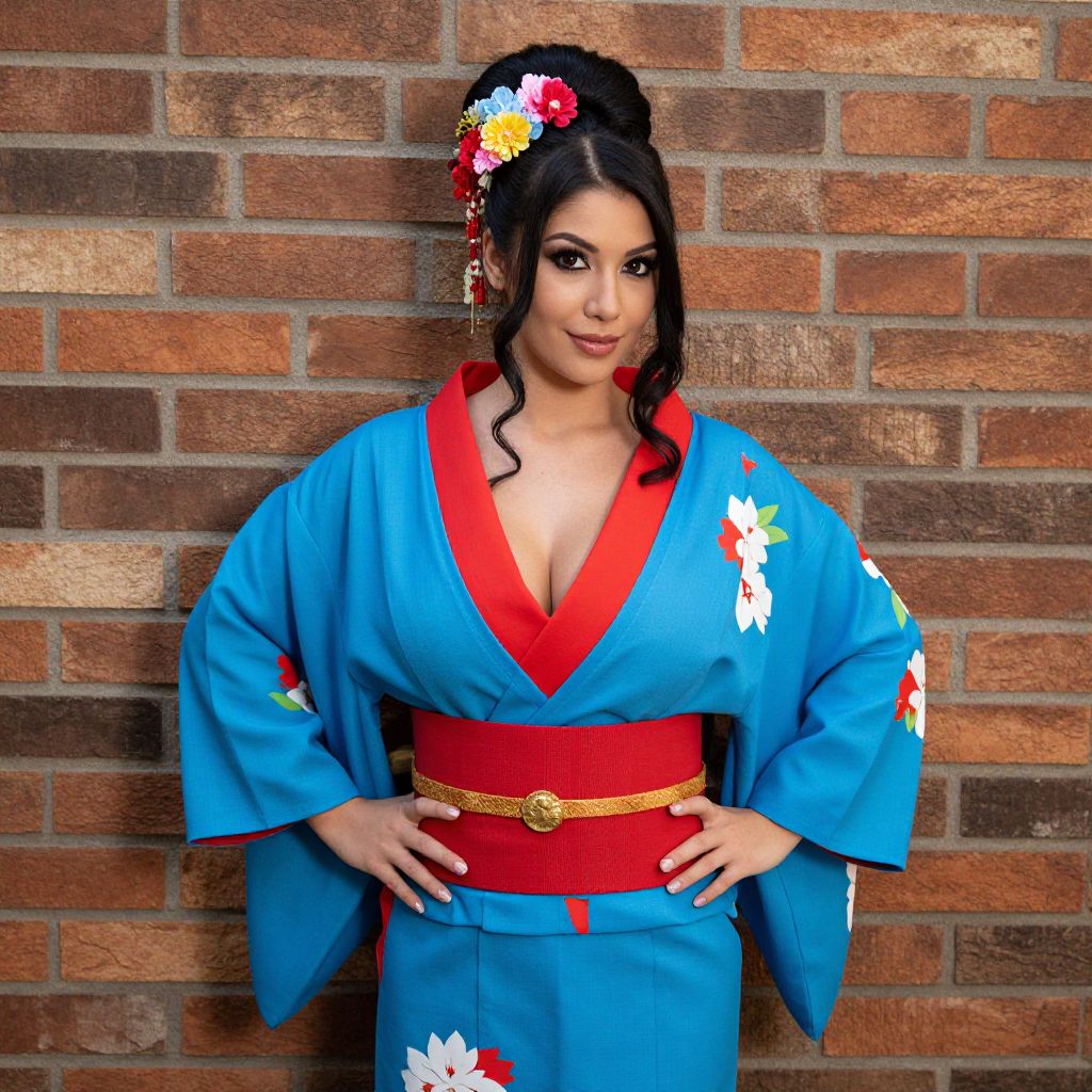 Confident Woman in Blue Floral Kimono with Traditional Hair Accessories