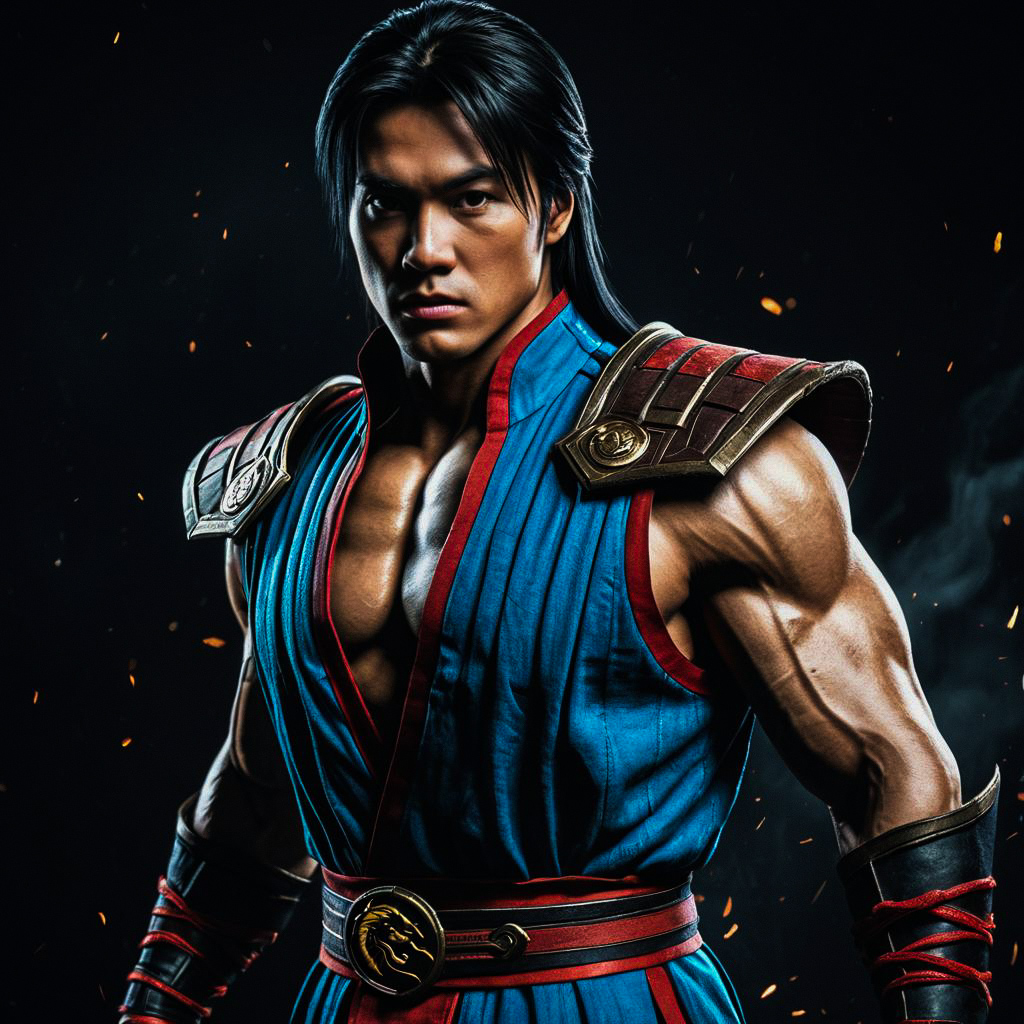 Muscular Warrior in Blue and Red Armor