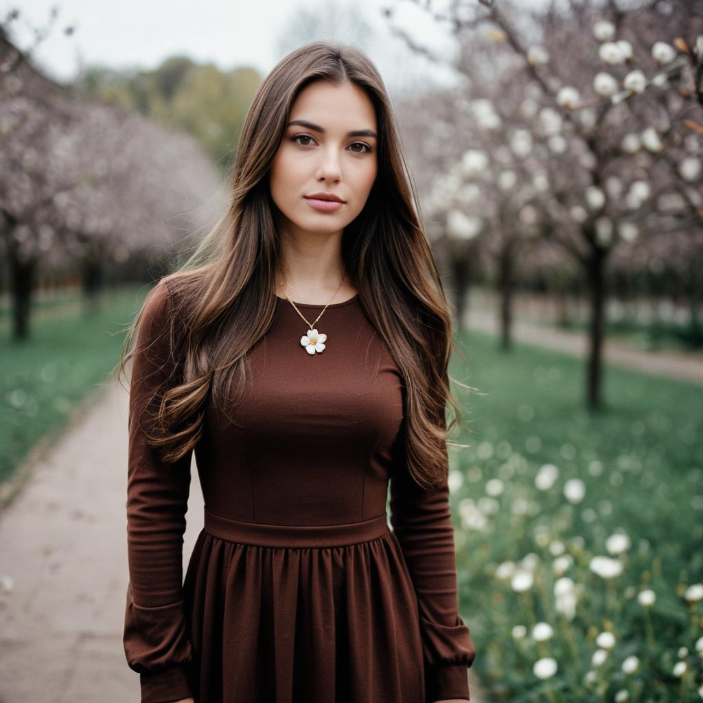 Beautiful Woman in Long Sleeve Chocolate Brown Dress in Blooming Orchard