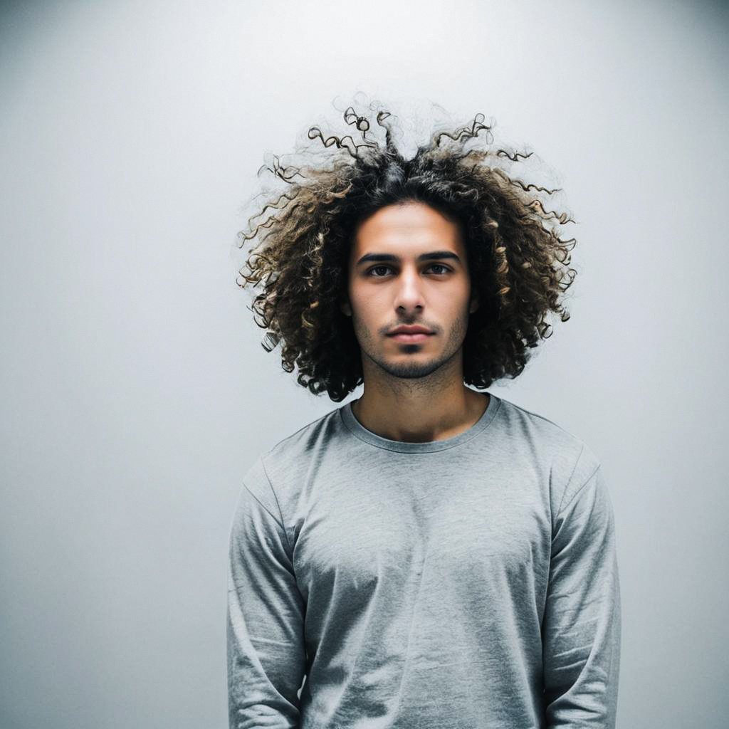 Young Man with Curly Hair in Gray Shirt