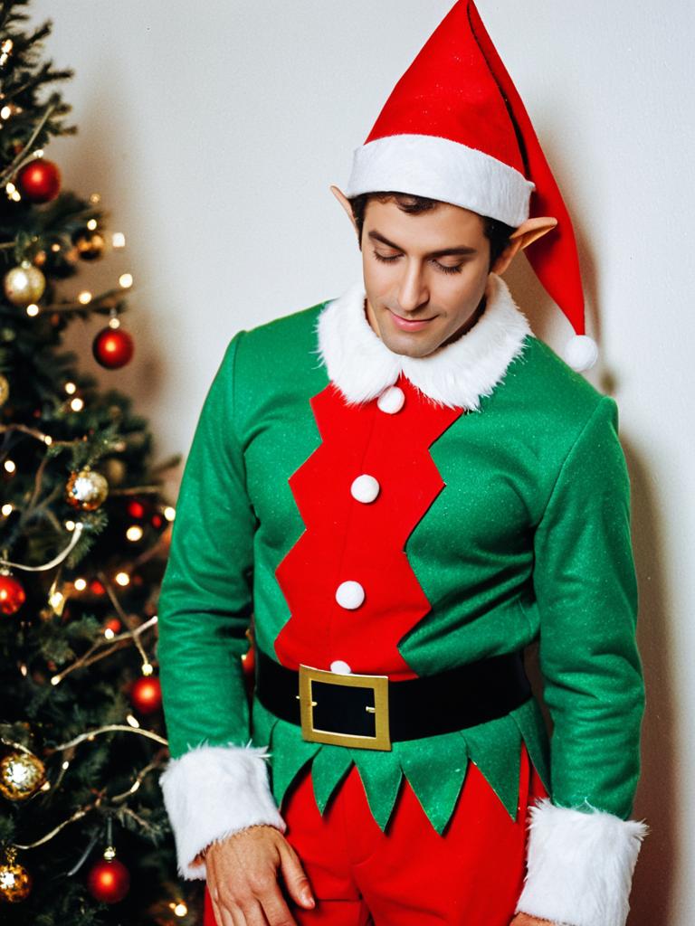 Man in Elf on the Shelf Costume with Christmas Tree Background
