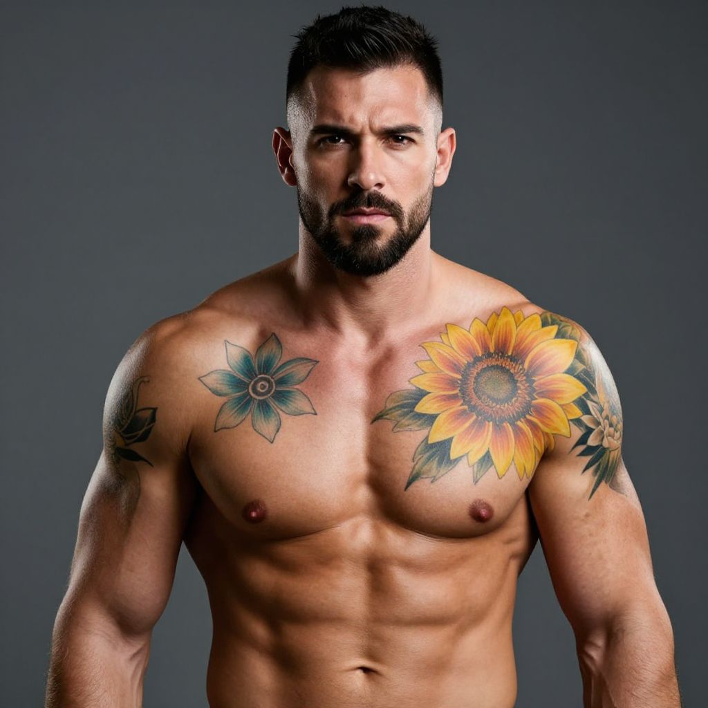 Muscular Man with Colorful Floral Tattoos and Beard Against Gray Background