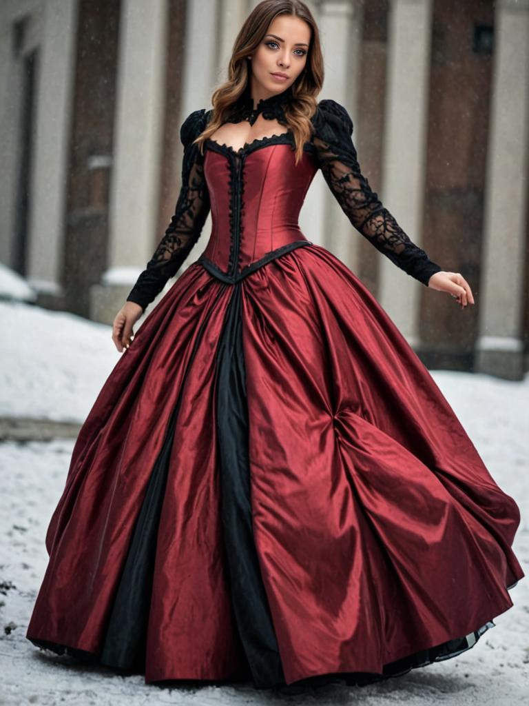 Gothic Victorian Woman in Red and Black Gown Outdoors