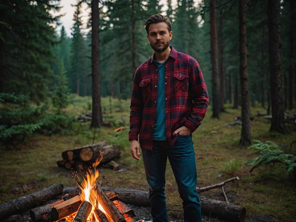 Casual man by campfire in a serene forest