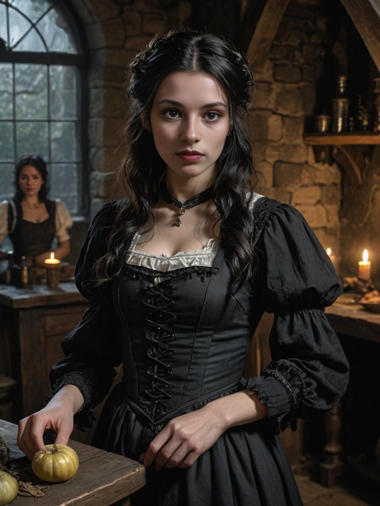 Elegant Tavern Maid with Dark Hair