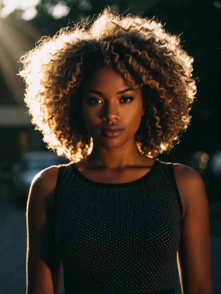 Confident Woman With Curly Hair Backlit Portrait in Outdoor Setting