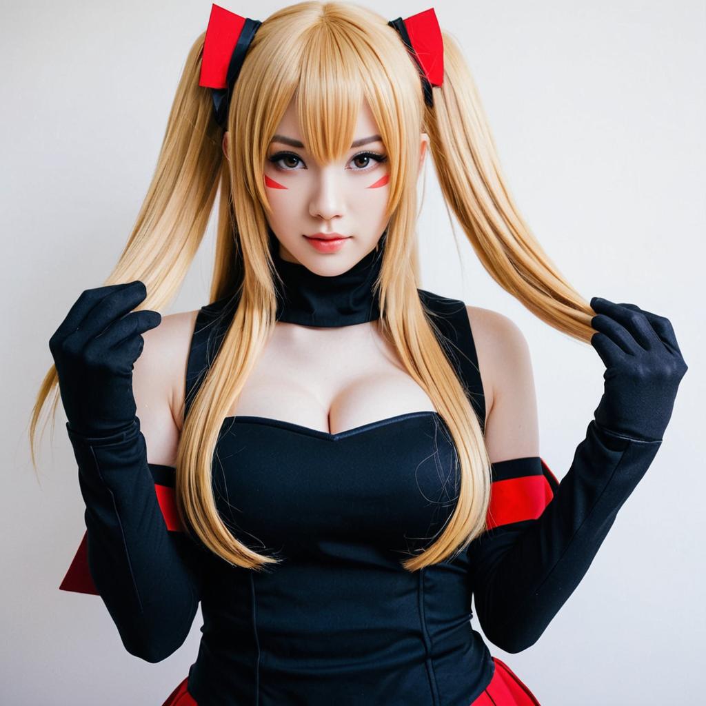 Anime-Inspired Blonde Twin-Tail Cosplay with Red and Black Outfit