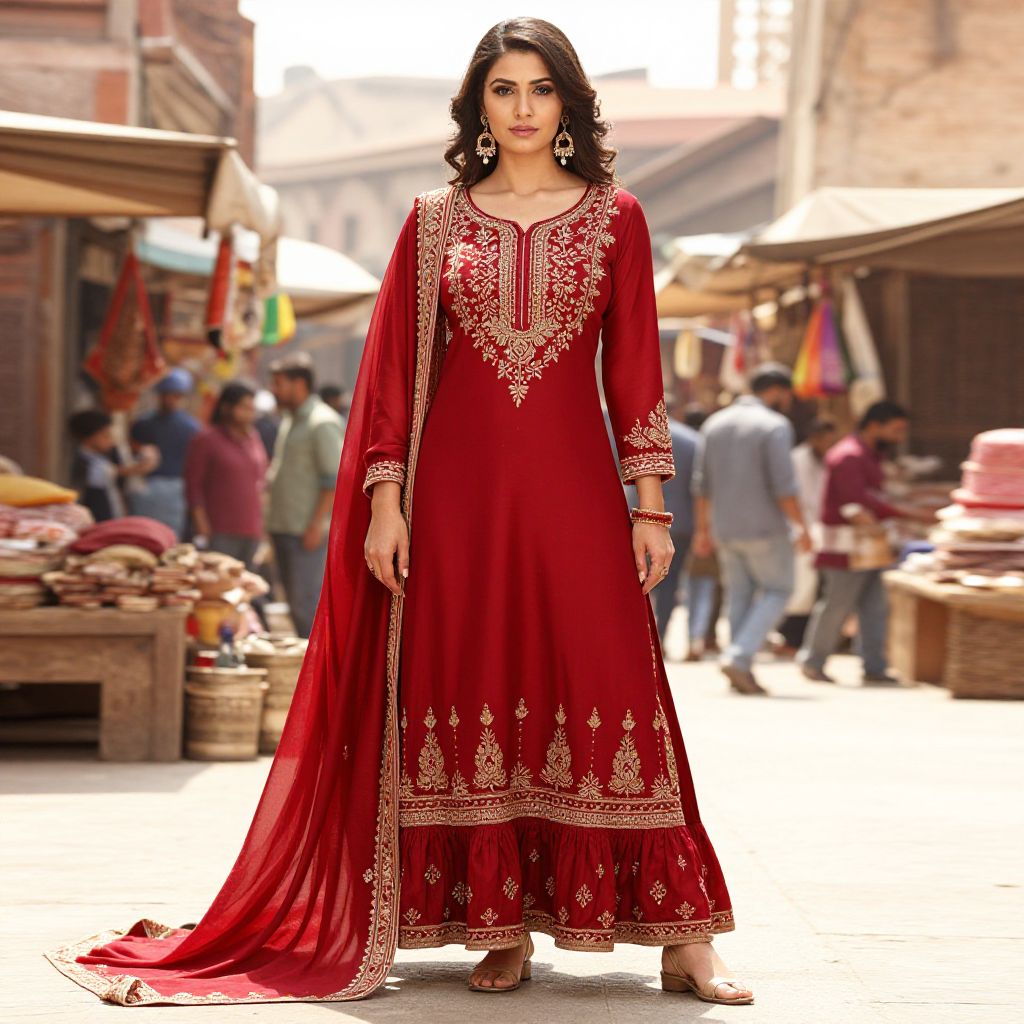 Elegant Red Ethnic Dress with Gold Embroidery in Traditional Market