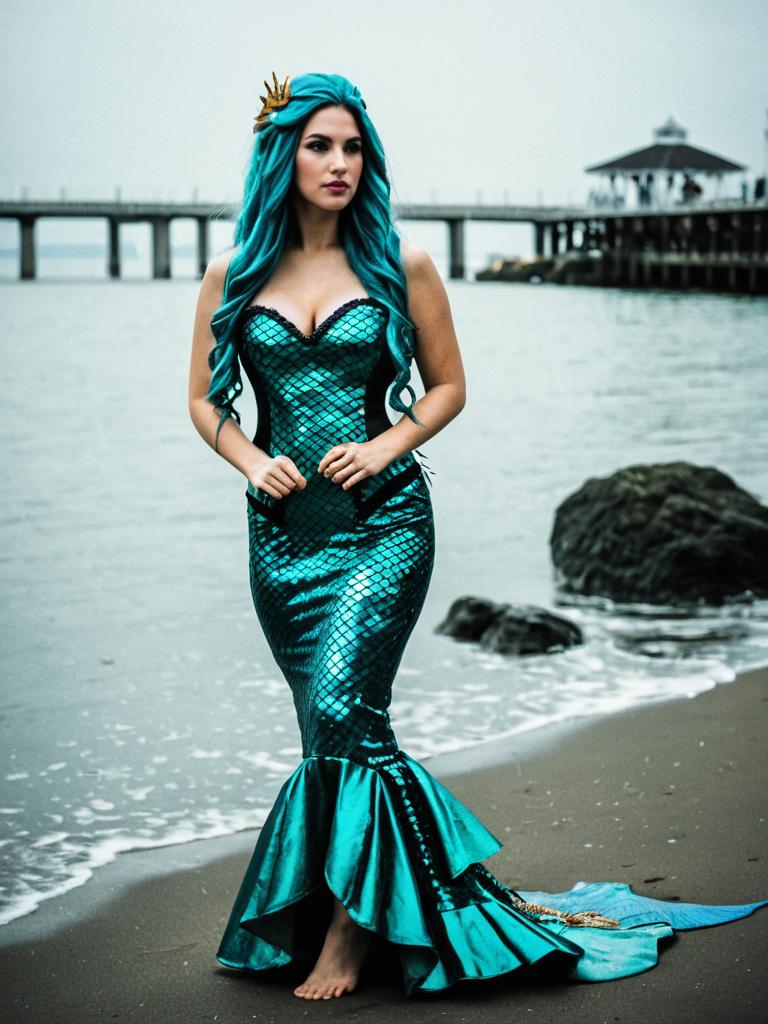 Woman in Teal Mermaid Gown on Beach Woman in Teal Mermaid Gown on Beach