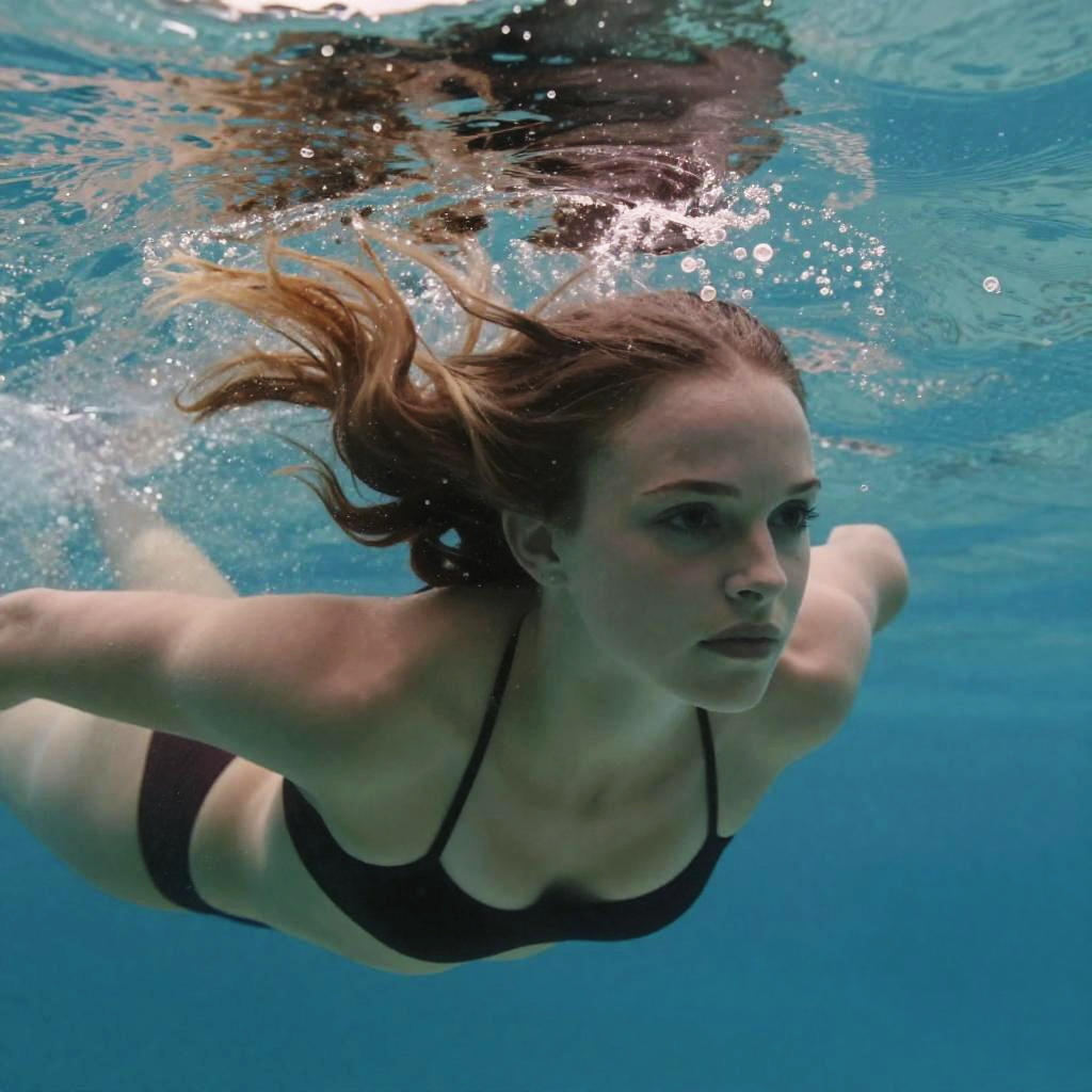 Young Woman Swimming Underwater in Black Bikini