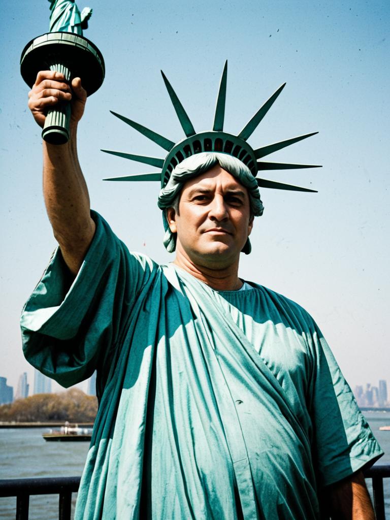 Man in Statue of Liberty Costume Humorous Cosplay Portrait Photorealistic