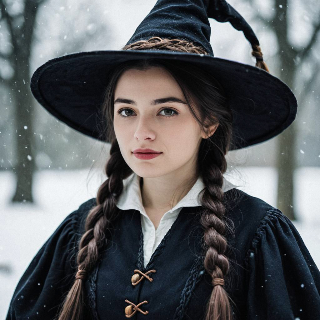 Young Woman in Witch Costume in Snowy Forest