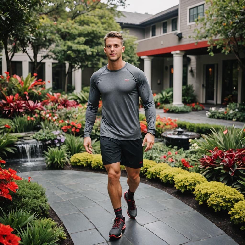 Man in Athletic Attire Walking in Garden