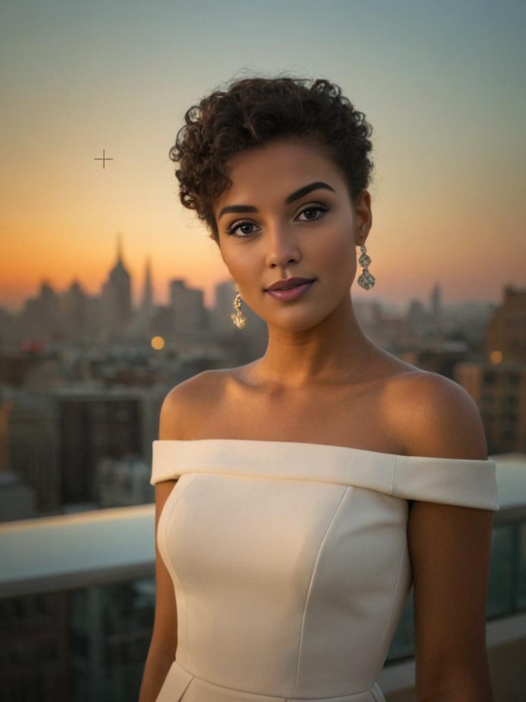 Elegant Woman in Off-Shoulder Dress Against City Skyline