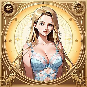 Elegant Blonde Woman in Light Blue Lingerie with Mystical Gold Background