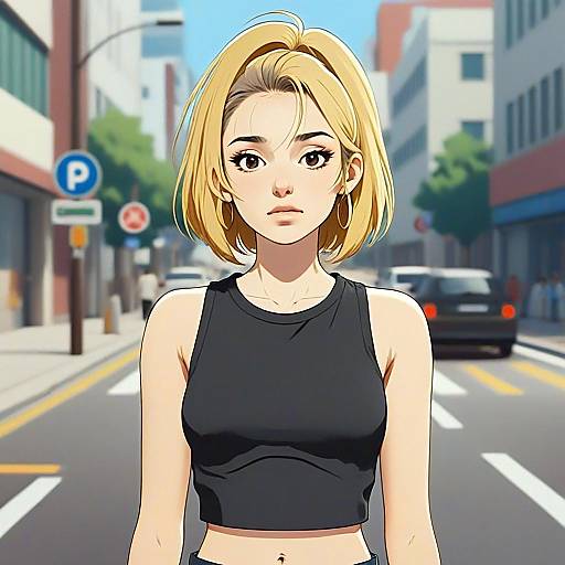 Illustrated Blonde Woman in Urban Anime Style Wearing Black Crop Top