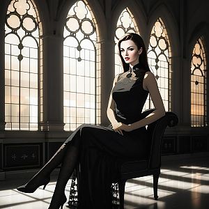 Elegant Woman in Black Gown in Grand Room