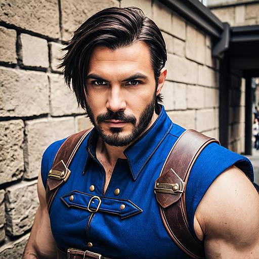 Male Adventurer Portrait in Blue Costume with Leather Straps