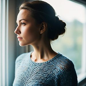 Thoughtful Woman by Window in Blue Sweater