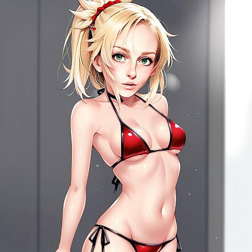 Anime Woman in Red Bikini Swimsuit – Stylized Digital Artwork