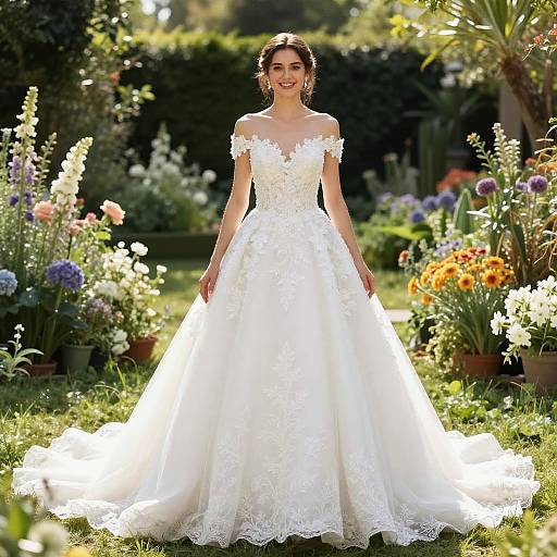 Elegant Off-Shoulder Lace Wedding Dress for Garden Bridal Portrait