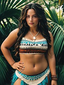 Woman in Revealing Moana-inspired Tribal Costume with Tropical Background
