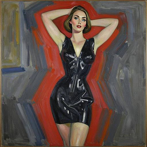 Stylized Portrait of Woman in Shiny Black Dress with Bold Expressionist Background