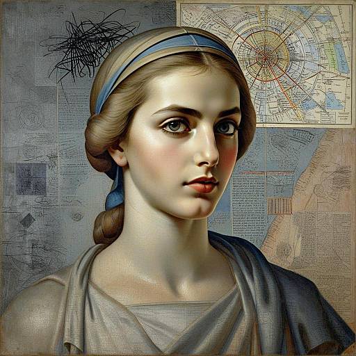 Realistic Portrait of Young Woman with Maps and Scientific Illustrations Background