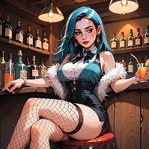Stylish Blue-Haired Woman Sitting in Vintage Bar Anime Artwork