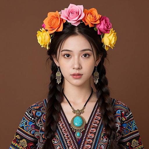 Portrait of Woman Wearing Floral Crown and Ethnic Jewelry in Colorful Dress