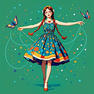 Young Woman with Red Hair and Colorful Butterflies