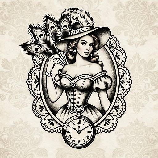 Vintage Victorian Woman Illustration Wearing Feathered Hat with Pocket Watch