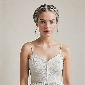 Young Woman with Silver Braids in White Dress