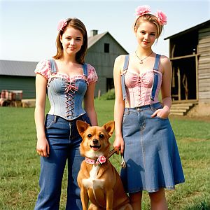 Two Women in Denim and Pink with Cheerful Dog on Farm