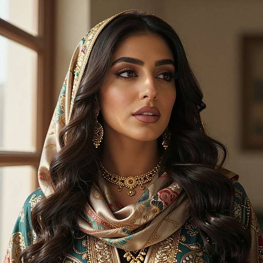 Elegant South Asian Woman in Traditional Embroidered Dress and Gold Jewelry