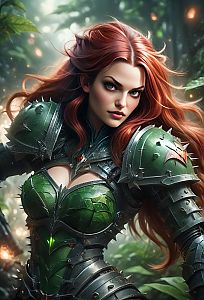 Fierce Woman Warrior in Spiked Green Armor with Red Hair in Fantasy Forest
