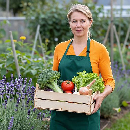 Woman Holding Fresh Vegetables in Garden with Green Apron