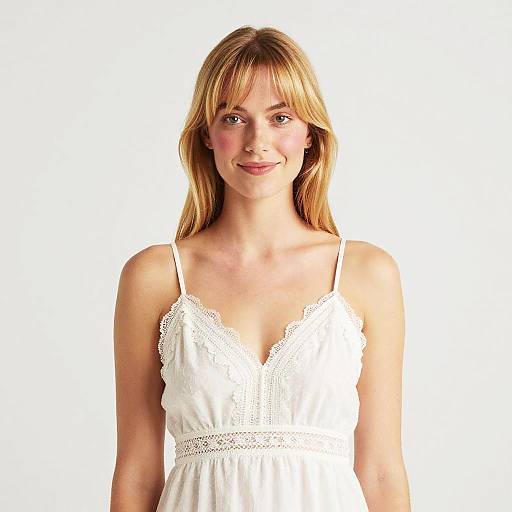 Young Woman in White Lace Summer Dress Against Light Background