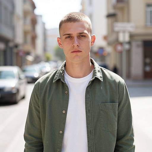 Young Man with Buzz Cut on City Street in Casual Outfit