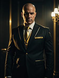 Realistic Agent 47 Cosplay Man in Black Suit with Gold Accents